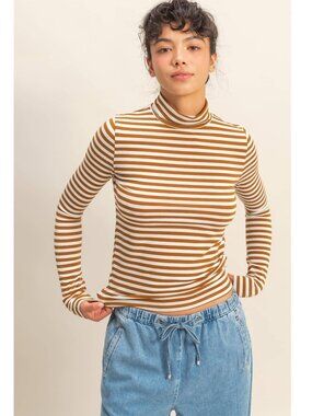 NWT Double Zero Caramel Striped Turtleneck Top